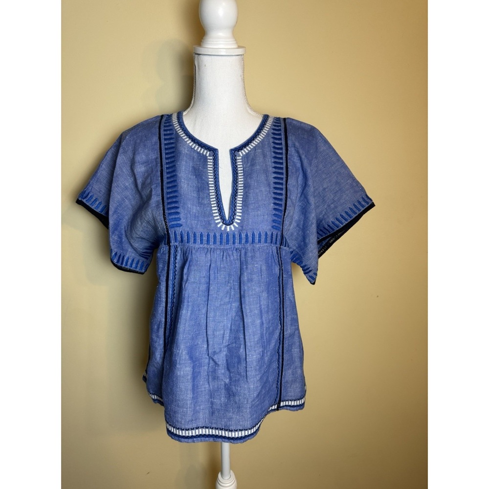 Vineyard Vines Blue Embroidered Short Sleeve Peasant Top